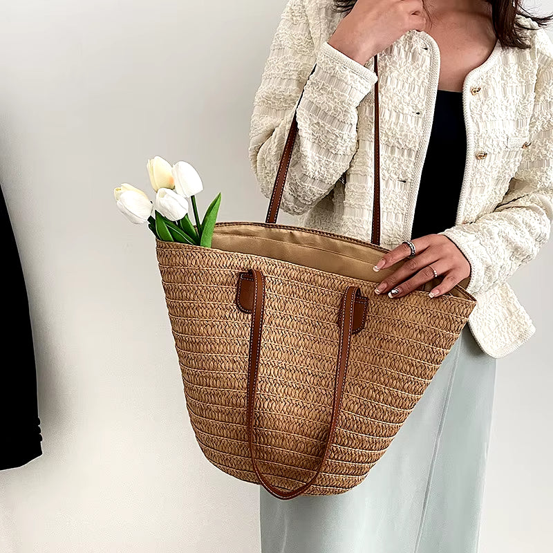 Women'S Large Capacity Shoulder Bag Summer Straw Woven Basket Handbag Fashion Female Luxury Designer Beach Bag Bali Shopper Tote